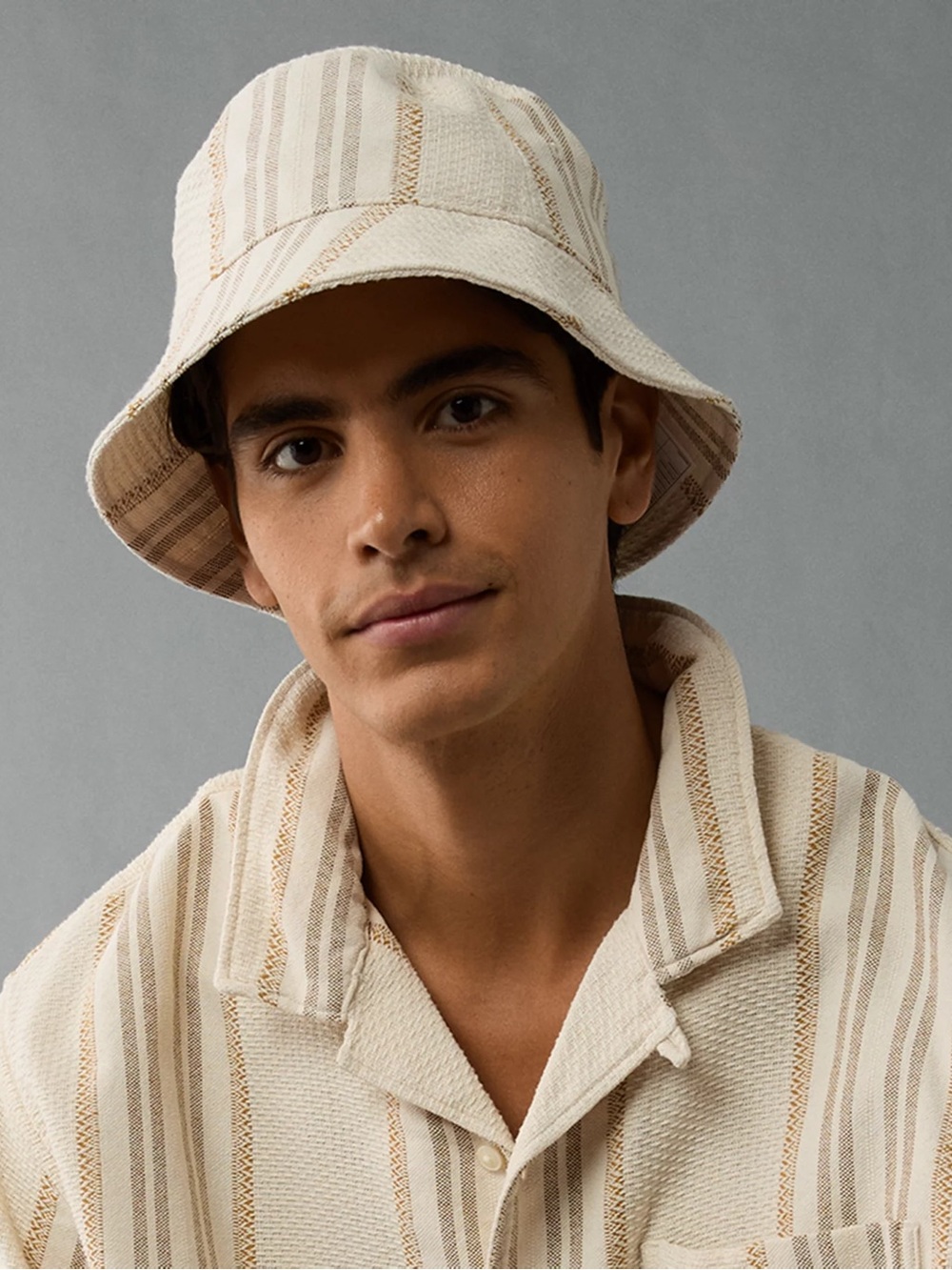 American Eagle Cream Beige Stripe Bucket Hat L/XL Texture Beach Vacation Preppy